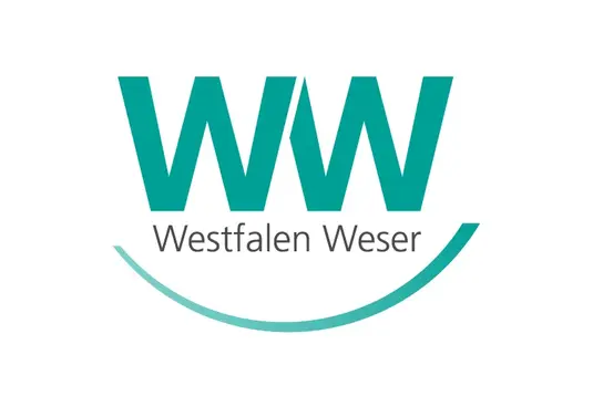 Logo von Westfalen Weser mit türkisfarbenem „WW“ und geschwungener Linie darunter.