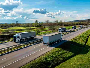 Mehrere Lkw fahren auf einer Autobahn durch grüne Landschaft bei sonnigem Wetter.